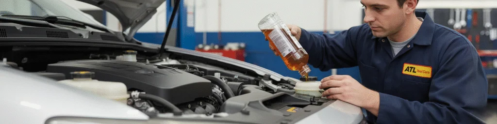 Close-up-of-mechanic-topping-up-brake-fluid-in-an-engine-bay