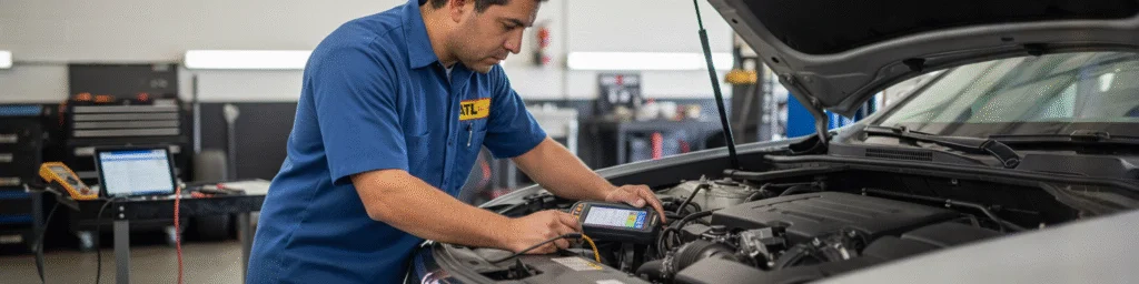 Mechanic-using-diagnostic-tools-under-the-hood-of-a-vehicle