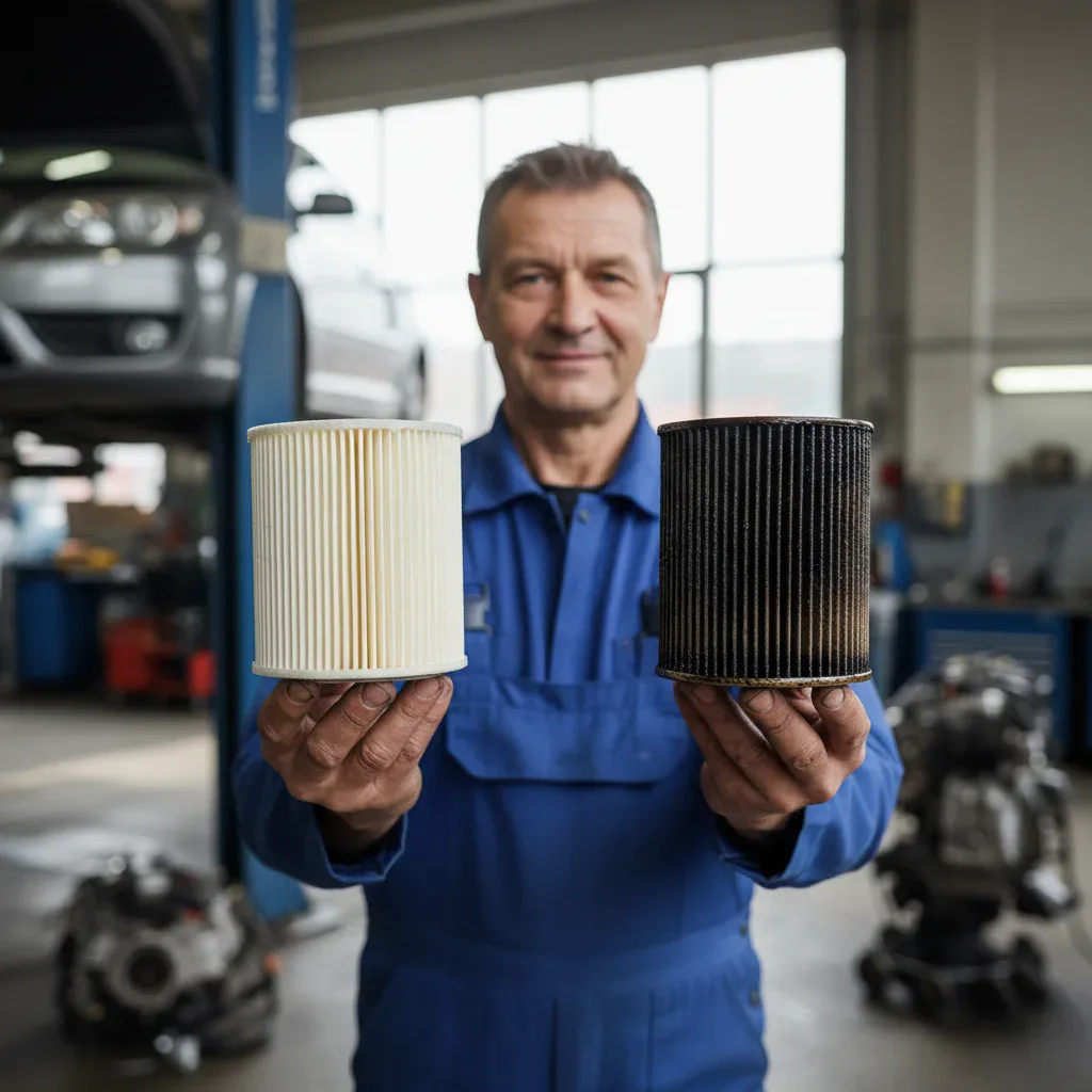 Technician-showing-a-clean-oil-filter-versus-a-dirty-clogged-one