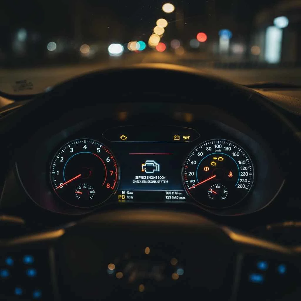  Close-up of dashboard warning light illuminated.