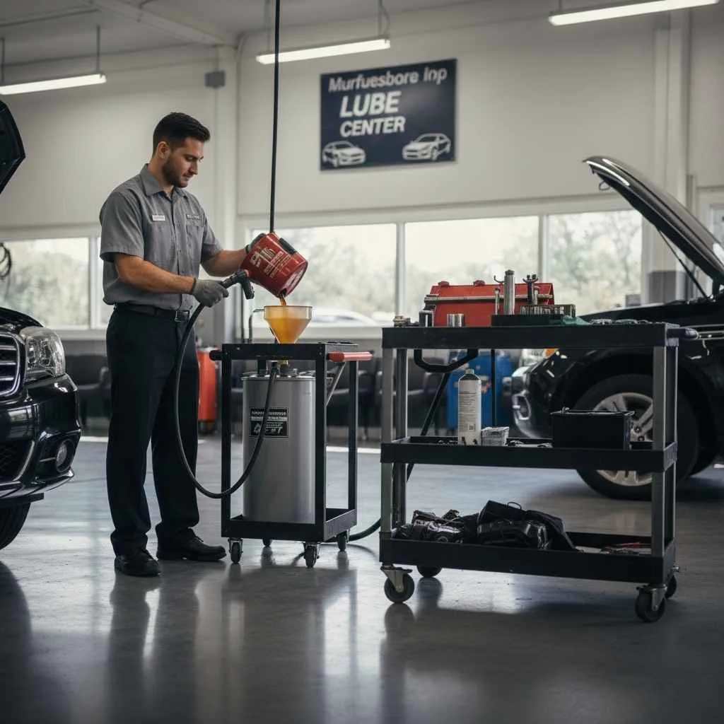 Photo showing proper oil disposal and recycling at a professional service center.