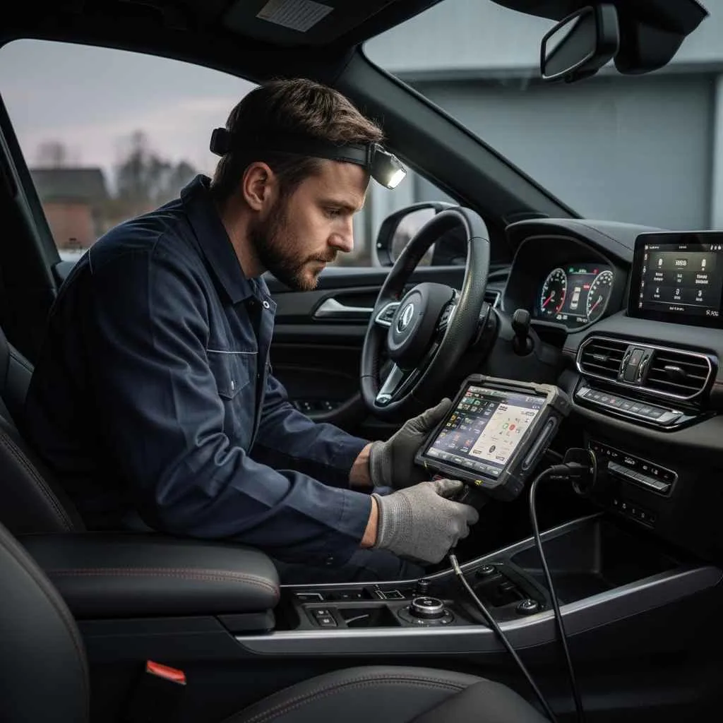 Technician connecting diagnostic scanner to vehicle interior.