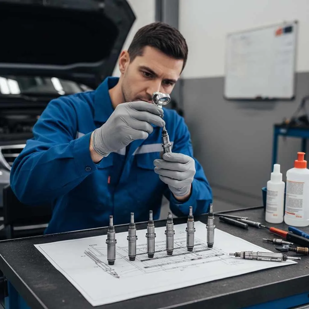 technician inspecting fuel injectors