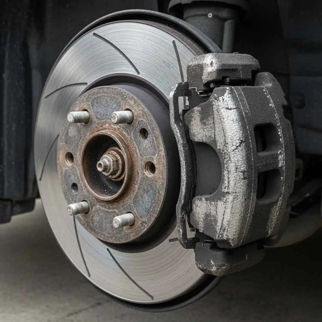 Close-up of worn brake pads and rotor damage