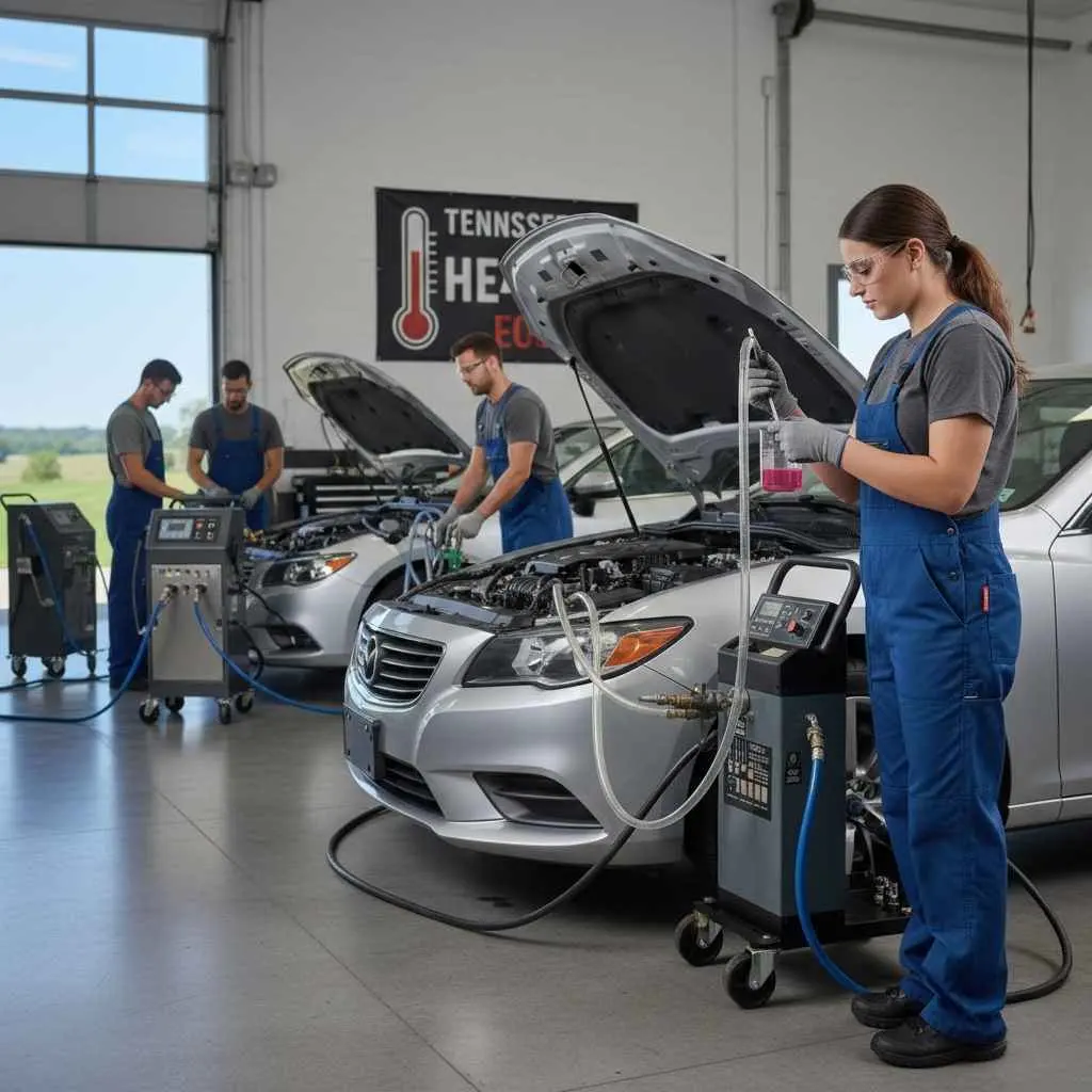 Professional auto service center performing coolant maintenance