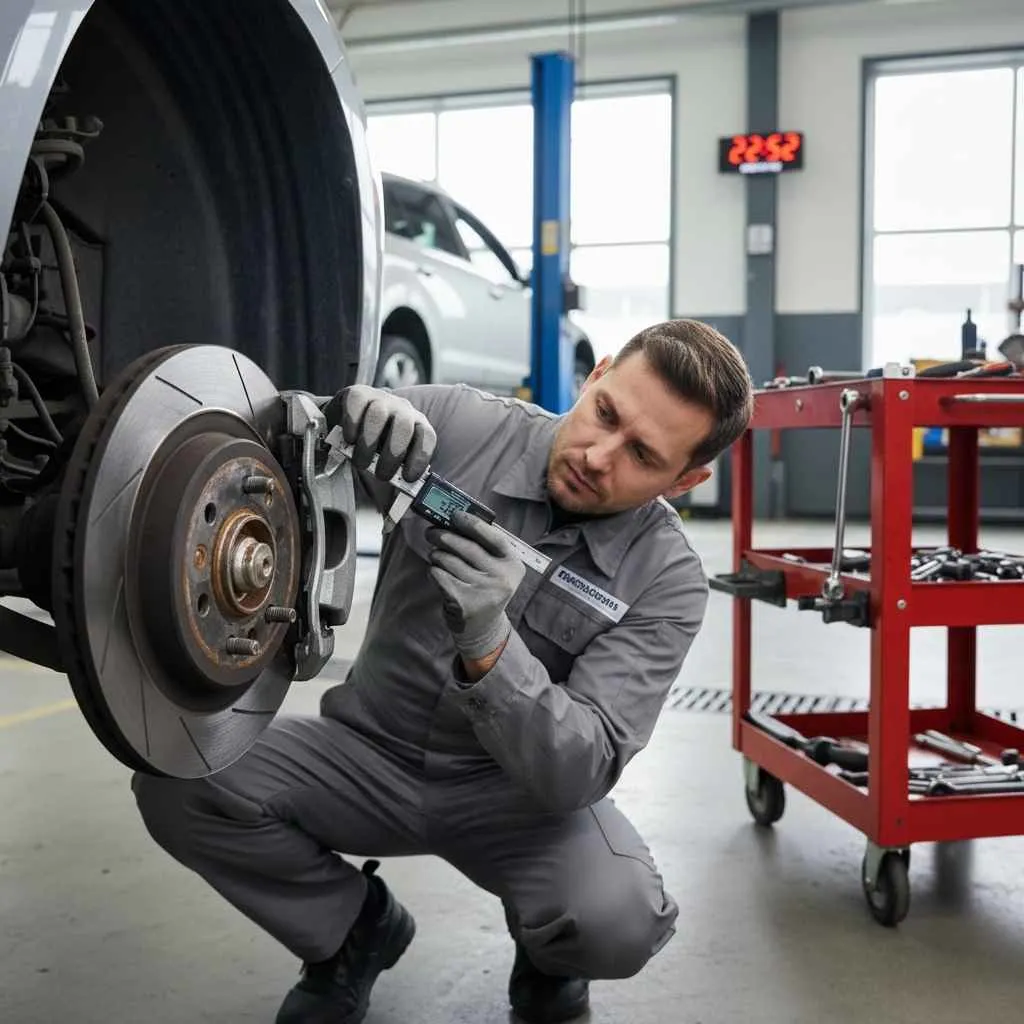 Professional brake inspection being performed on a car