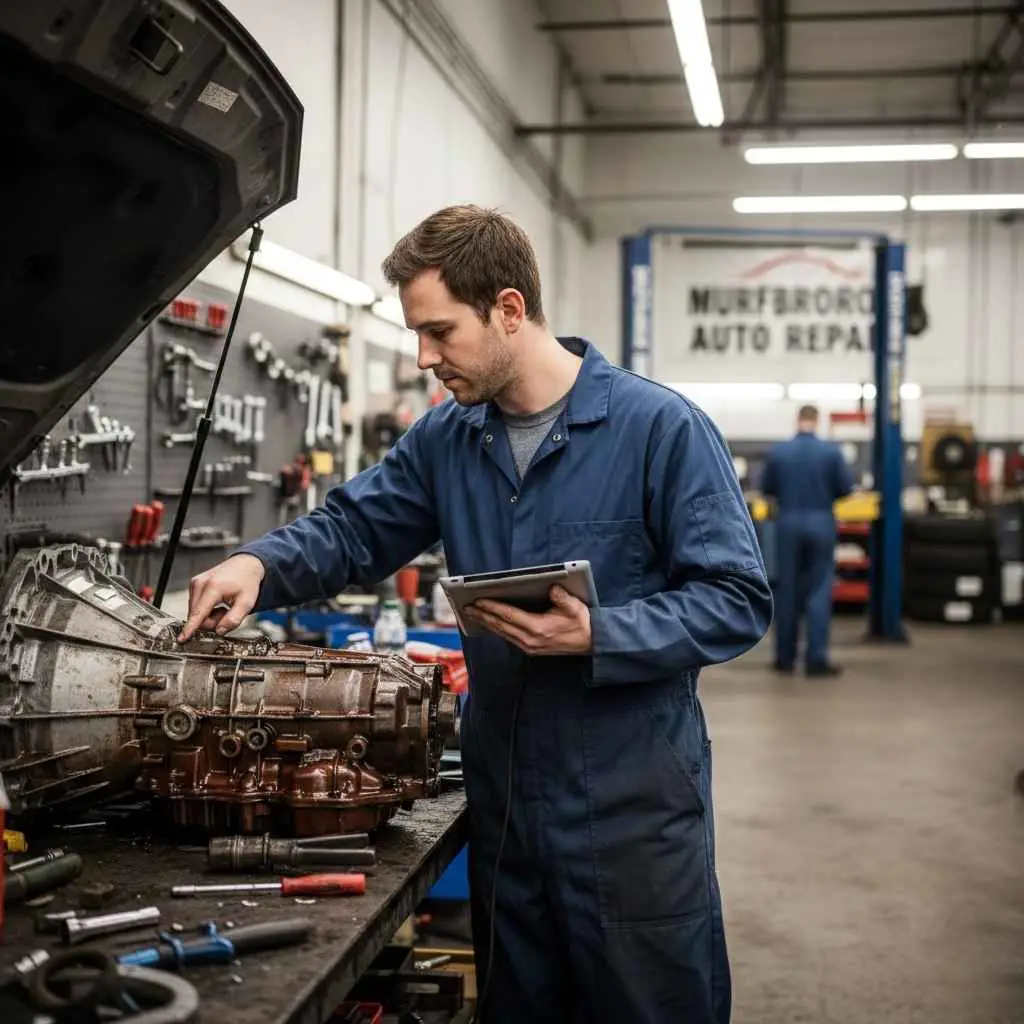 Technician diagnosing transmission issues in Murfreesboro shop