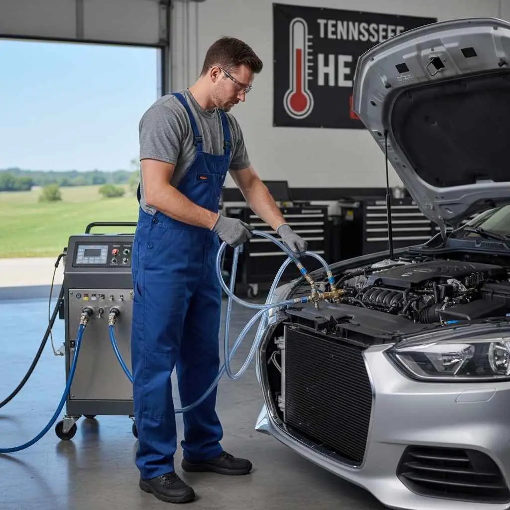 Technician performing a coolant flush service