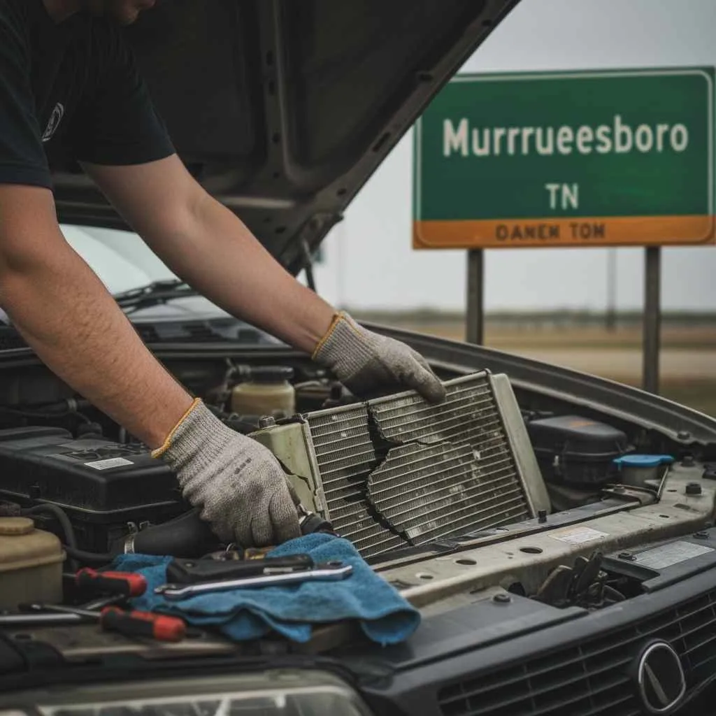 Damaged radiator removed from vehicle