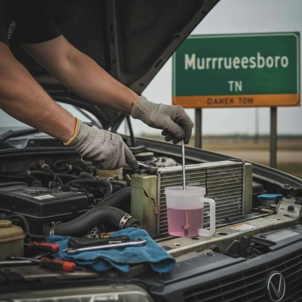 Mechanic checking radiator and coolant levels