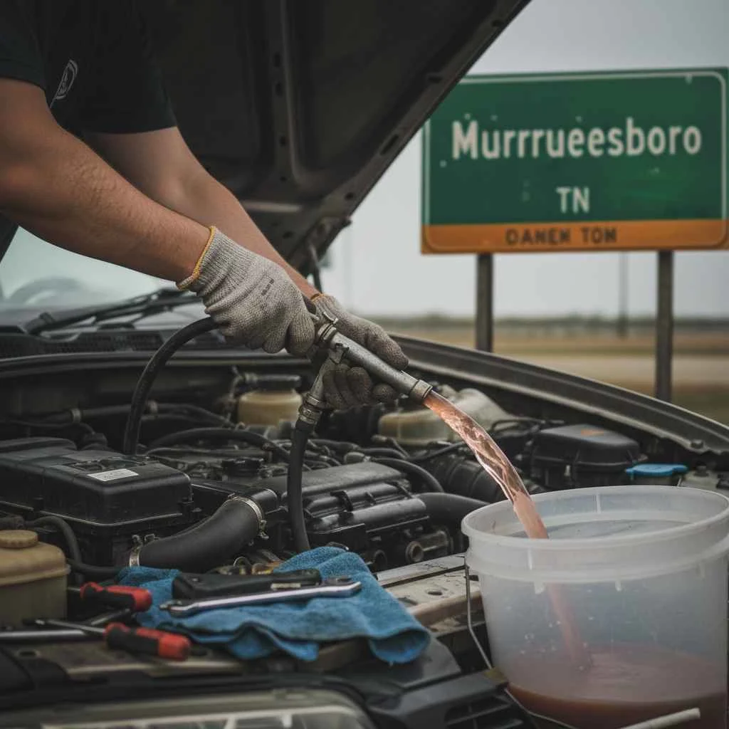 Technician performing coolant flush