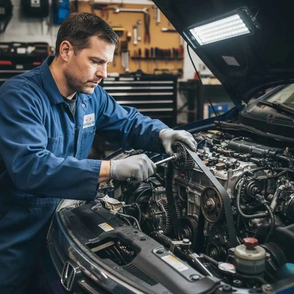mechanic working on timing belt inside engine