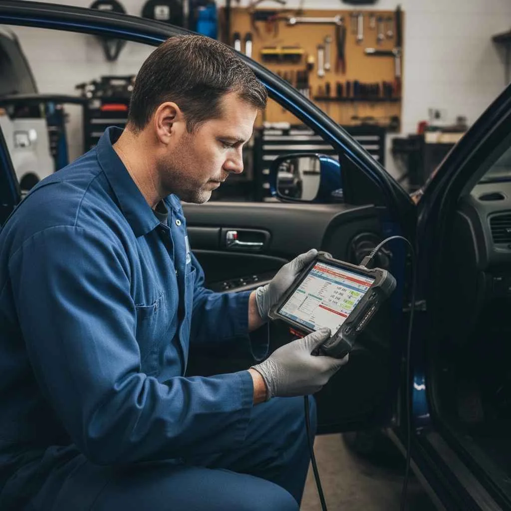 technician using computer diagnostic scanner on vehicle