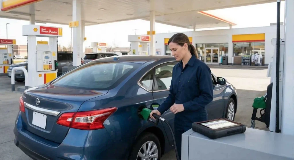 car at a gas station fueling pump.