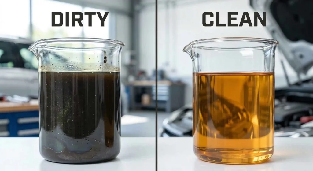 dirty vs clean engine oil comparison.