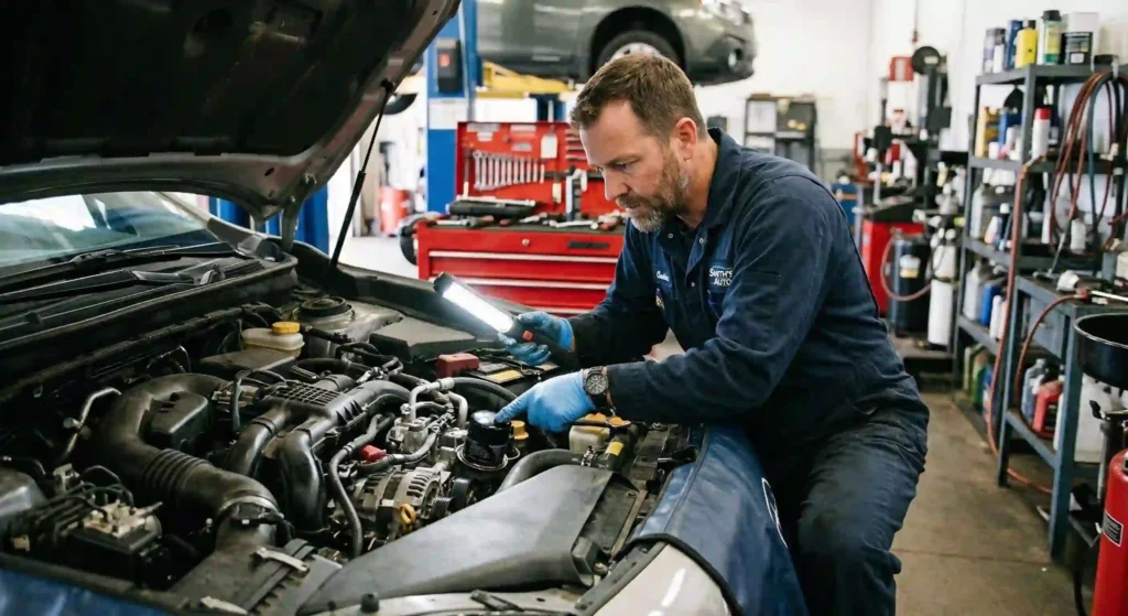 mechanic inspecting engine components.