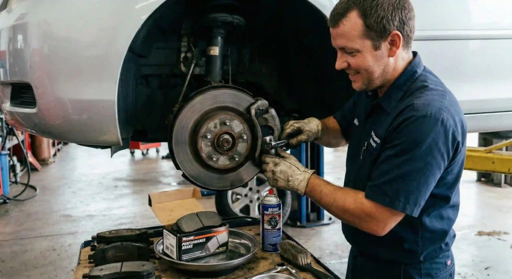 technician replacing brake pads