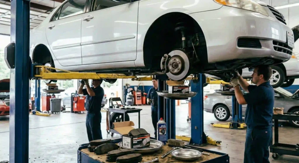 vehicle on lift during brake inspection