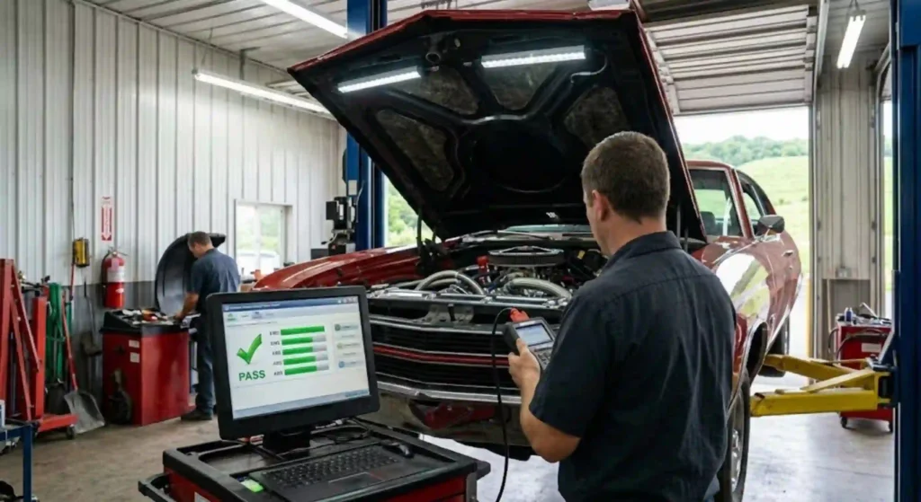 car being inspected in garage