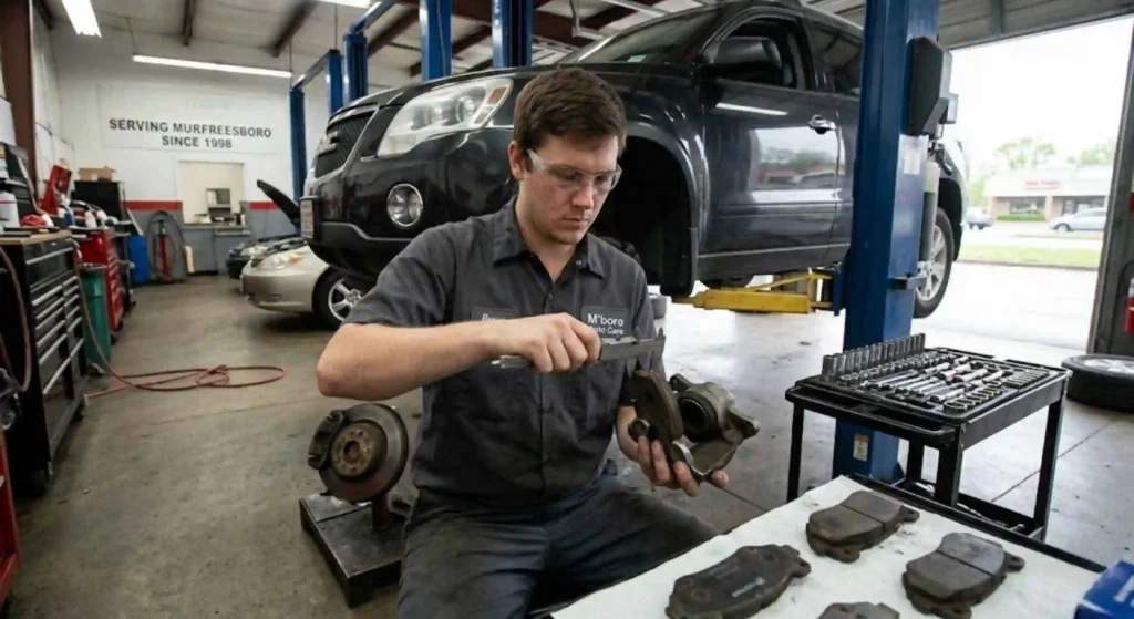 brake technician inspecting brake pads in Murfreesboro garage
brake repair Murfreesboro TN