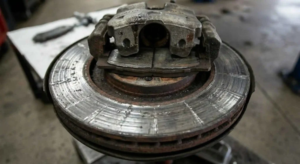 close up of worn brake rotor and pads