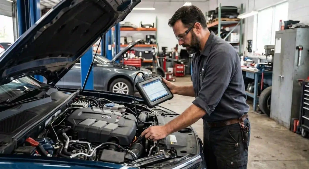 Technician performing engine diagnostics