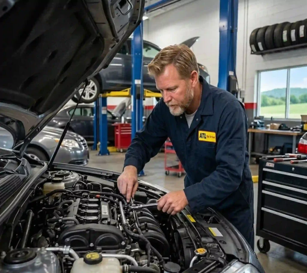 Vehicle repair technician fixing engine components in Tennessee auto shop