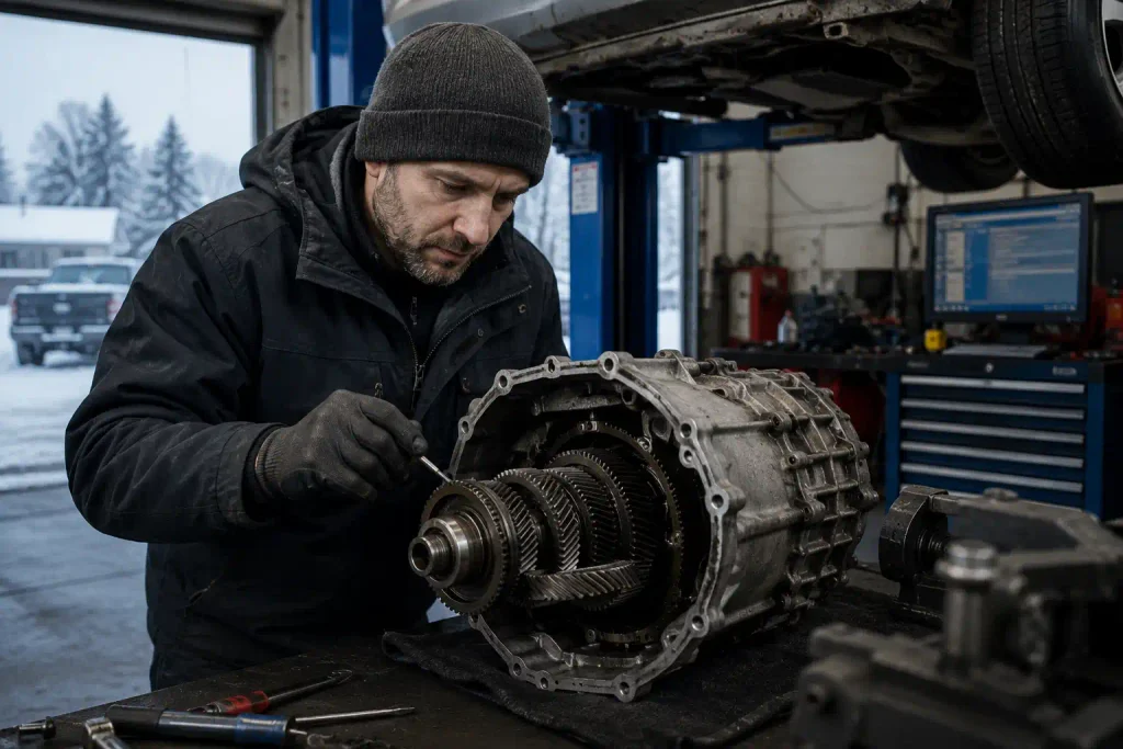 Mechanic diagnosing a manual car transmission during winter service in Murfreesboro