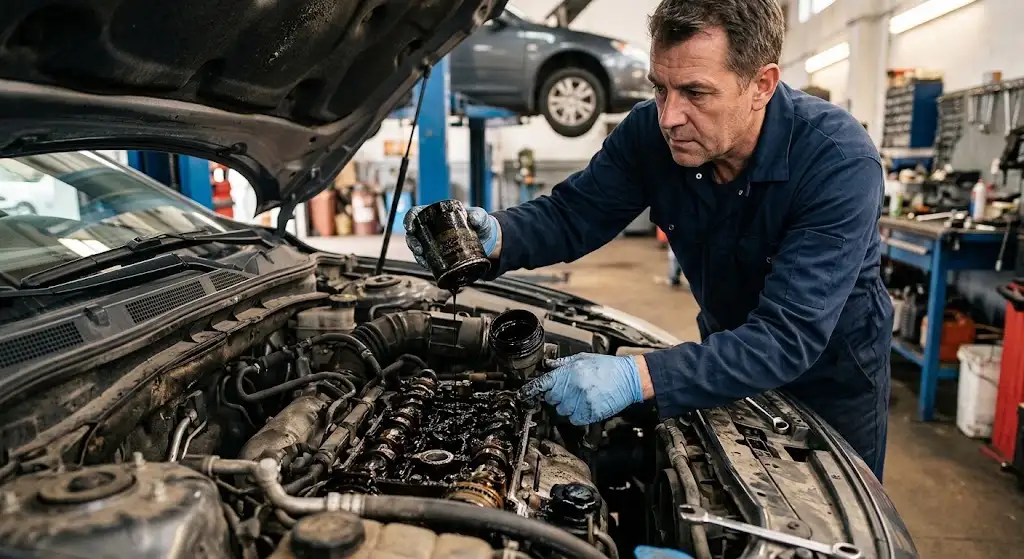 Murfreesboro auto technician inspecting contaminated engine oil during professional maintenance
