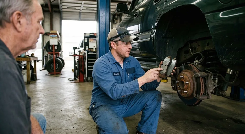 Murfreesboro brake technician comparing brake pads and inspecting a vehicle’s braking components
