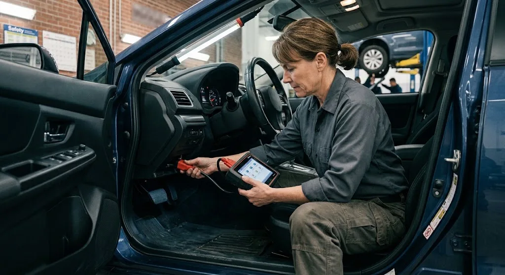 Professional technician connecting a diagnostic scanner to a vehicle in a Murfreesboro repair facility