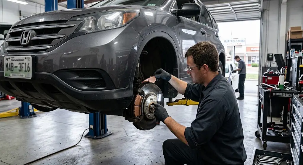 Technician installing premium brake pads and inspecting rotors on a Murfreesboro vehicle