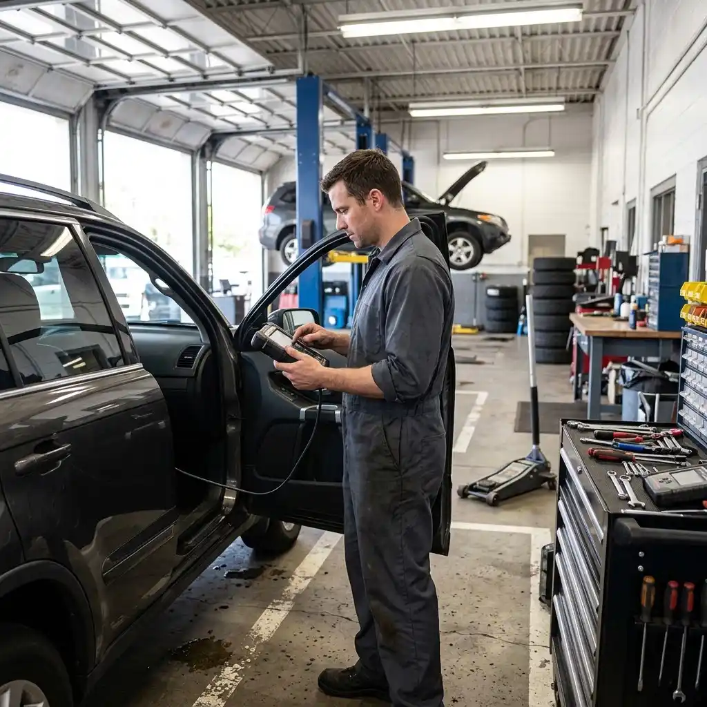 ASE-certified mechanic using engine diagnostic equipment to investigate poor gas mileage at ATL Total Car Care in Murfreesboro.