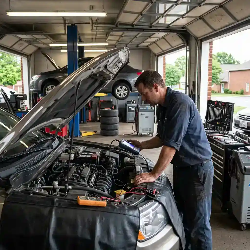 Auto technician performing an engine diagnostic inspection to improve fuel efficiency in Murfreesboro.